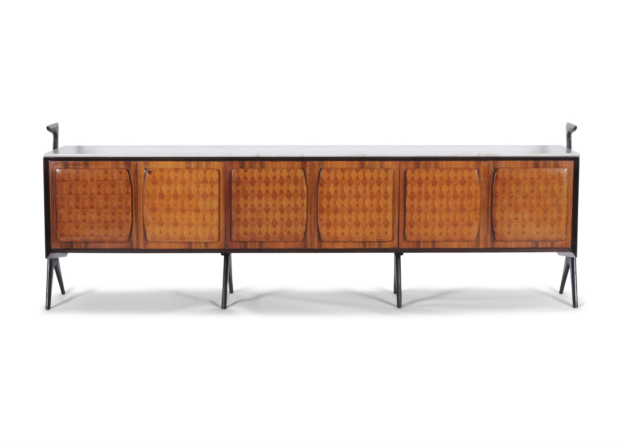 DASSI A Vittorio Dassi rosewood sideboard with maple interior and marble top on ebonised splayed