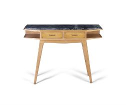 CONSOLE TABLE A birds eye maple console table with a marble top. Italy, c.1960. 120 x 34 x 89cm(h)