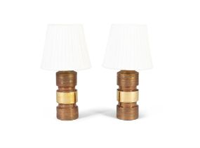 BERGBOMS A pair of terracotta table lamps by Bergboms, with maker's stamp. 64cm(h)