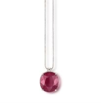 A RUBELLITE AND DIAMOND PENDANT ON CHAIN The large cushion-shaped rubellite weighing 36.