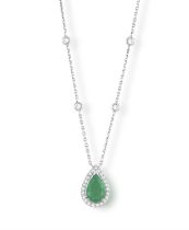 AN EMERALD AND DIAMOND PENDANT The pear-shaped emerald in a claw setting within a pavé-set