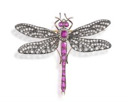 A LATE 19TH CENTURY RUBY AND DIAMOND BROOCH, CIRCA 1880 Designed as a dragonfly,
