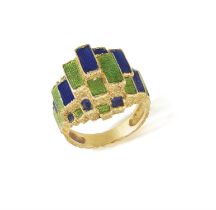 AN ENAMEL DRESS RING, BY JANCA, CIRCA 1970 Of stepped abstract design, the frontispiece