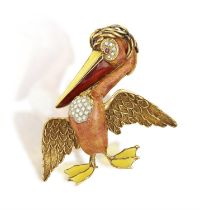 AN ENAMEL, DIAMOND AND RUBY NOVELTY BROOCH, BY FRASCAROLO, CIRCA 1965 Modelled as a pelican,