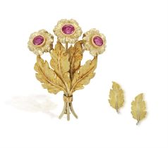 A RUBY FLOWER BROOCH, WITH A PAIR OF EARRINGS EN SUITE, BY MARIO BUCCELLATI Designed as a floral