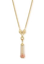 A DIAMOND, CORAL AND CULTURED PEARL NECKLACE, FRENCH, CIRCA 1950 The rope-link chain suspending