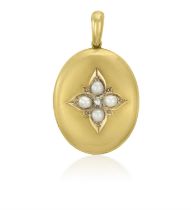 A VICTORIAN GOLD, PEARL AND DIAMOND-SET PENDANT/LOCKET The oval gold hinged locket pendant
