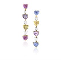 A PAIR OF MULTI-COLOURED SAPPHIRE AND DIAMOND PENDENT EARRINGS, BY BULGARI, CIRCA 2006 Composed