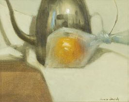 James English RHA (b.1946) Single Wrapped Apple Oil on board, 19.5 x 25cm (7.7 x 9.