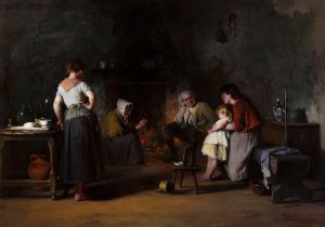 Howard Helmick (1845-1907) Cottage Interior with a Family Gathered Around a Hearth Oil on canvas,