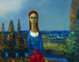 Daniel O'Neill (1920 - 1974) Girl in a Landscape Oil on board, 35 x 45cm (13¾ x