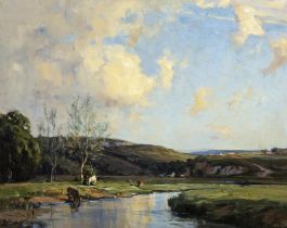 Frank McKelvey RUA RHA (1895 - 1974) A Pastoral River Landscape with Cattle Watering Oil on
