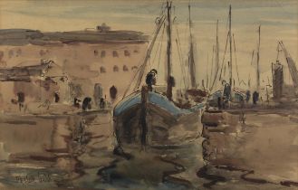 Harry Phelan Gibb (1870-1948) Fishing Boat at Harbour Watercolour, pen and ink,