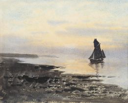 William Percy French (1854 - 1920) A Sailboat off the Coast at Dusk Watercolour, 17.5 x 21.