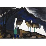 Markey Robinson (1918 - 1999) Figures, Cottages and Mountain Landscape Gouache on board,