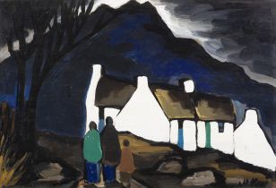 Markey Robinson (1918 - 1999) Figures, Cottages and Mountain Landscape Gouache on board,