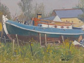 Maurice MacGonigal PPRHA (1900-1979) Boatyard Oil on board, 45 x 60cm (17¾ x 23½") Signed
