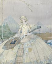 Harry Clarke RHA (1889 - 1931) Hilda Luvia – Lady playing a theorbo Watercolour and pencil, 34.