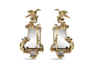 A PAIR OF GILTWOOD & GESSO MIRRORS WALL BRACKETS WITH HO-HO BIRDS. Each 103cm high, 48cm wide