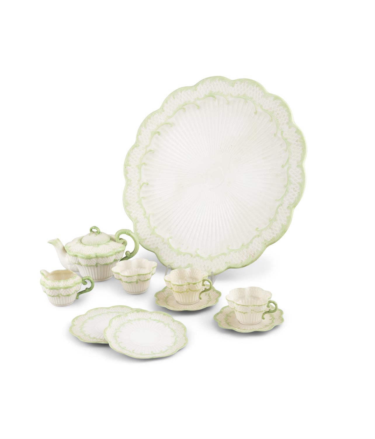 A BELLEEK SECOND PERIOD ERNE PATTERN PART TEA SERVICE decorated with green paint foliate sprays, - Image 2 of 24