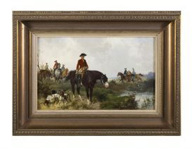 J. BÜTTNER Landscape with Hunters and Hounds Oil on panel, 15 x 24cm Signed,