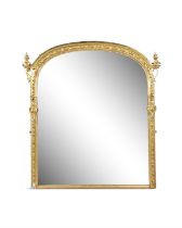 A VICTORIAN GILTWOOD AND GESSO ARCHED OVERMANTLE MIRROR, 19th Century, the plain glass plate