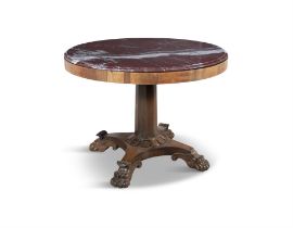 A ROSEWOOD AND MARBLE TOPPED CENTRE TABLE 19th century, of circular form, with rouge veined