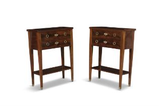 A PAIR OF FRENCH EMPIRE STYLE MAHOGANY SIDE TABLES of compact rectangular shape,