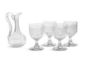 A SUITE OF FOUR 19TH CENTURY ETCHED GLASS GOBLETS and a later decanter