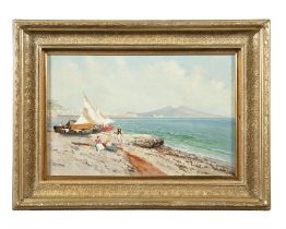 LAZZARO PASINI (ITALIAN, 1861-1949) 'Italian Coastal Scene with Fisherfolk by Boats' Oil on