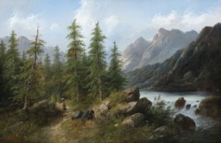 EDUARD BOEHM (AUSTRIAN, 1830-1890) Figure in a forest landscape with river and mountains Oil on