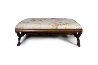 A GEORGE IV MAHOGANY FRAMED UPHOLSTERED RECTANGULAR STOOL, C. 1840 with moulded rim and 'x