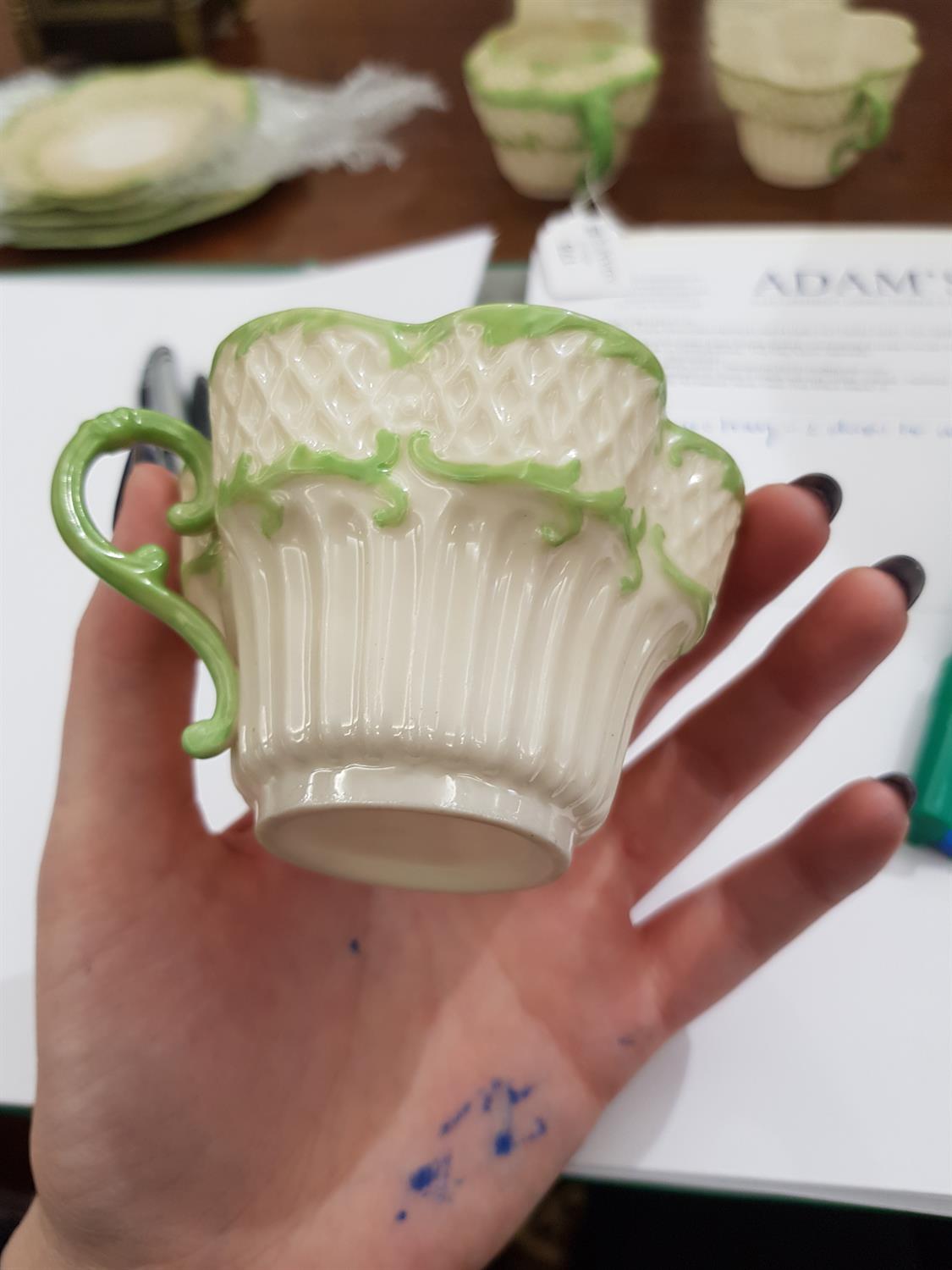 A BELLEEK SECOND PERIOD ERNE PATTERN PART TEA SERVICE decorated with green paint foliate sprays, - Image 18 of 24
