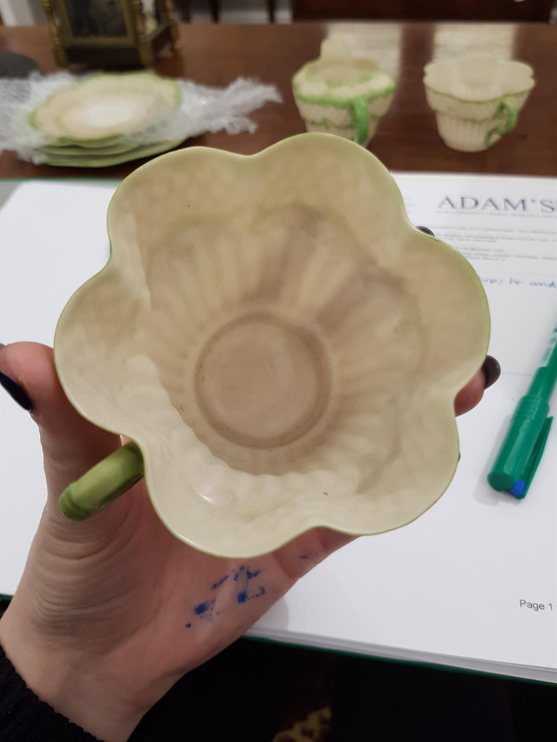 A BELLEEK SECOND PERIOD ERNE PATTERN PART TEA SERVICE decorated with green paint foliate sprays, - Image 17 of 24