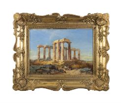 19TH CENTURY SCHOOL Landscape with Ancient Greek Temple and Two Figures Oil on board, 21.3 x 29.