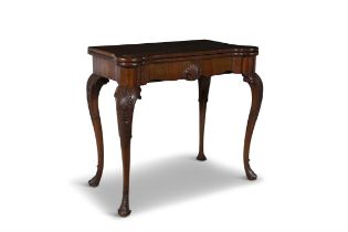 A WALNUT AND MAHOGANY FOLD TOP CARD TABLE, 19TH CENTURY, of rectangular shape with outset