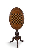 A 19TH CENTURY INLAID WALNUT AND MARQUETRY TILT TOP CHESS TABLE, the oval top,