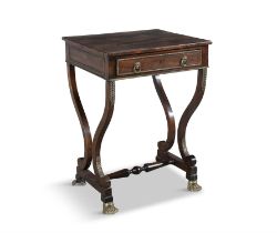 A REGENCY ROSEWOOD AND GILT METAL MOUNTED COMPACT WORK TABLE, the figured rectangular top