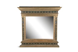 AN ITALIAN REPRODUCTION BLACK AND GILT DECORATED WALL MIRROR, 20TH CENTURY 116cm wide, 120cm high