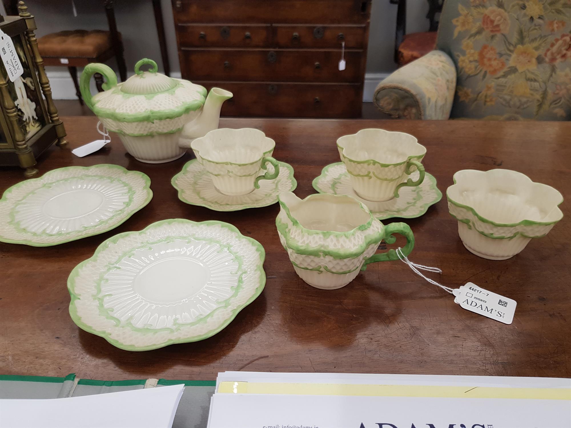 A BELLEEK SECOND PERIOD ERNE PATTERN PART TEA SERVICE decorated with green paint foliate sprays, - Image 19 of 24