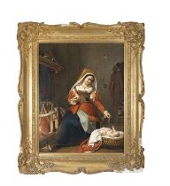 ITALIAN SCHOOL, 19TH CENTURY A mother with her baby in an interior spinning yarn fireside Oil on