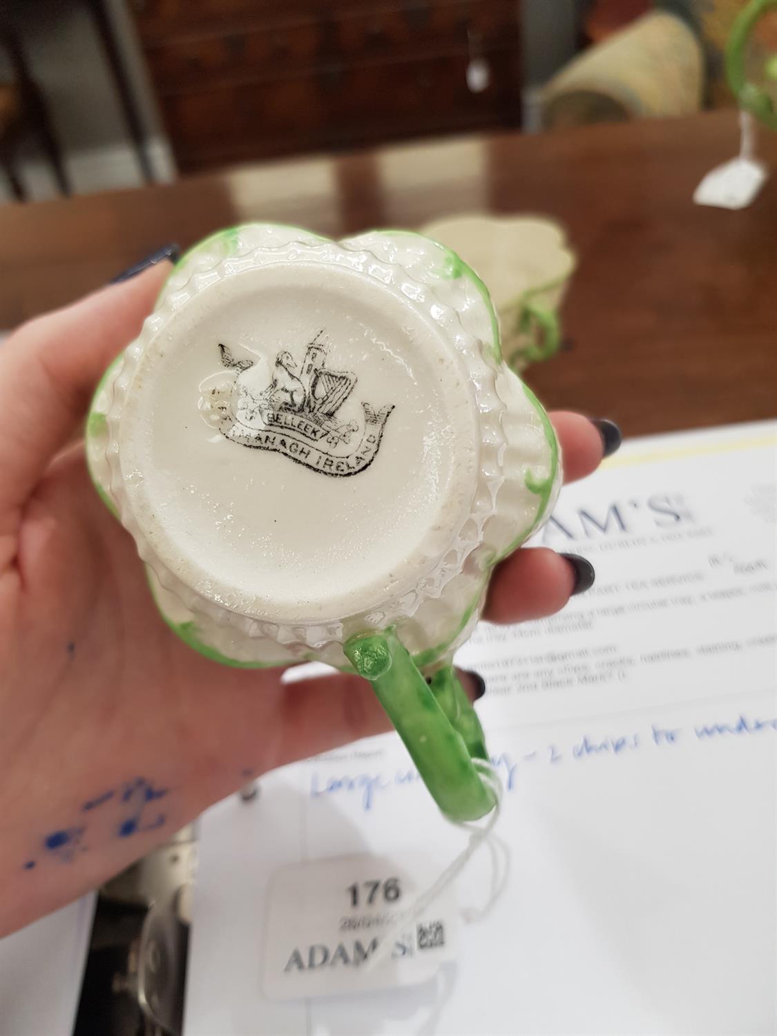 A BELLEEK SECOND PERIOD ERNE PATTERN PART TEA SERVICE decorated with green paint foliate sprays, - Image 13 of 24