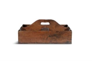 A GEORGIAN MAHOGANY RECTANGULAR WINE BOTTLE CARRIER, with raised handle above four compartments.