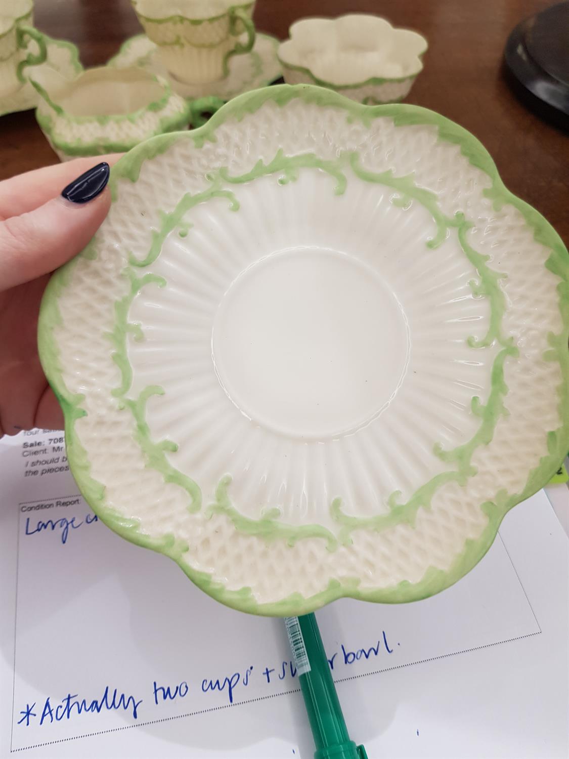 A BELLEEK SECOND PERIOD ERNE PATTERN PART TEA SERVICE decorated with green paint foliate sprays, - Image 20 of 24