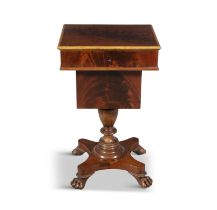 A VICTORIAN FLAME-MAHOGANY WORK TABLE, with rectangular lift-top enclosing a compartmented