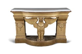 A FINE GILTWOOD AND MARBLE TOPPED BOW FRONT CONSOLE TABLE, 19TH CENTURY, fitted with Carrera