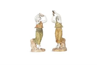 A PAIR OF ROYAL WORCESTER PORCELAIN FIGURES OF FEMALE MUSICIANS , C.1900 each modelled standing