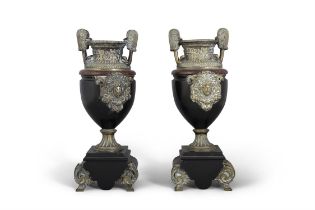 A PAIR OF LATE VICTORIAN CAST BRASS AND MARBLE DECORATIVE URNS IN THE GRECIAN TASTE,