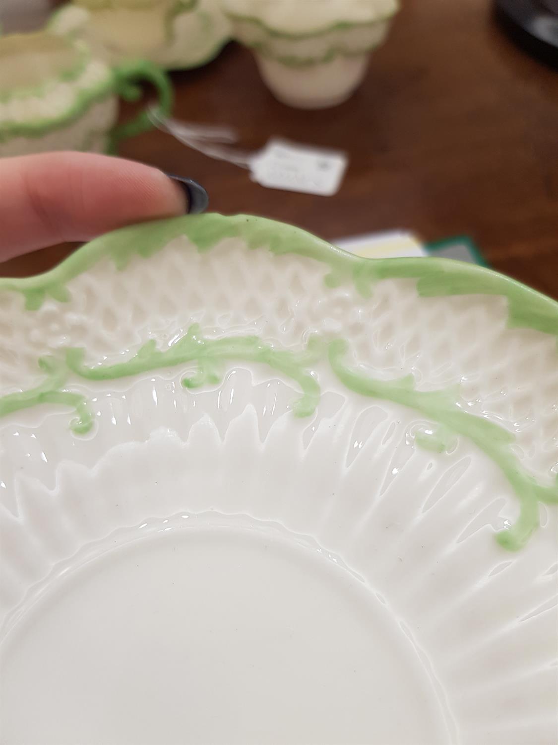 A BELLEEK SECOND PERIOD ERNE PATTERN PART TEA SERVICE decorated with green paint foliate sprays, - Image 21 of 24