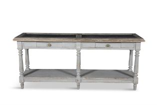 A WHITE PAINTED OAK HALL TABLE of rectangular form, the top with black marble tops,